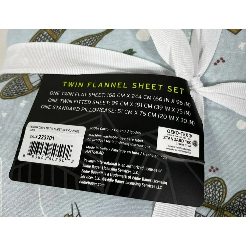 Eddie Bauer Twin Flannel Sheet Set Winter Snow Day Print Blue